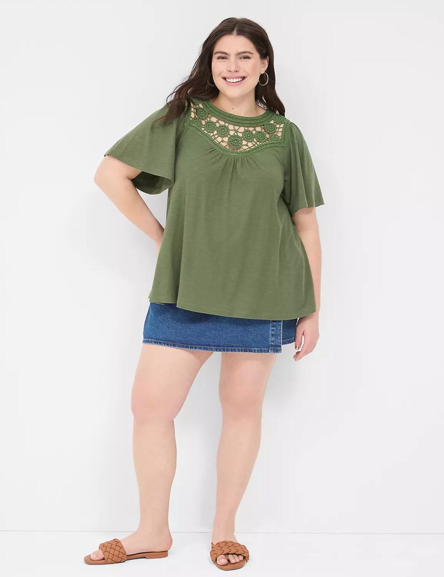 Lane Bryant Relaxed Crochet Crew-Neck Top Women T Shirts Brown Green | APV6161MY