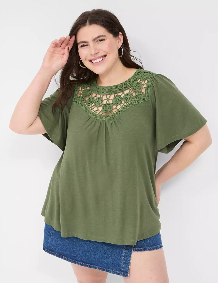 Lane Bryant Relaxed Crochet Crew-Neck Top Women T Shirts Brown Green | APV6161MY