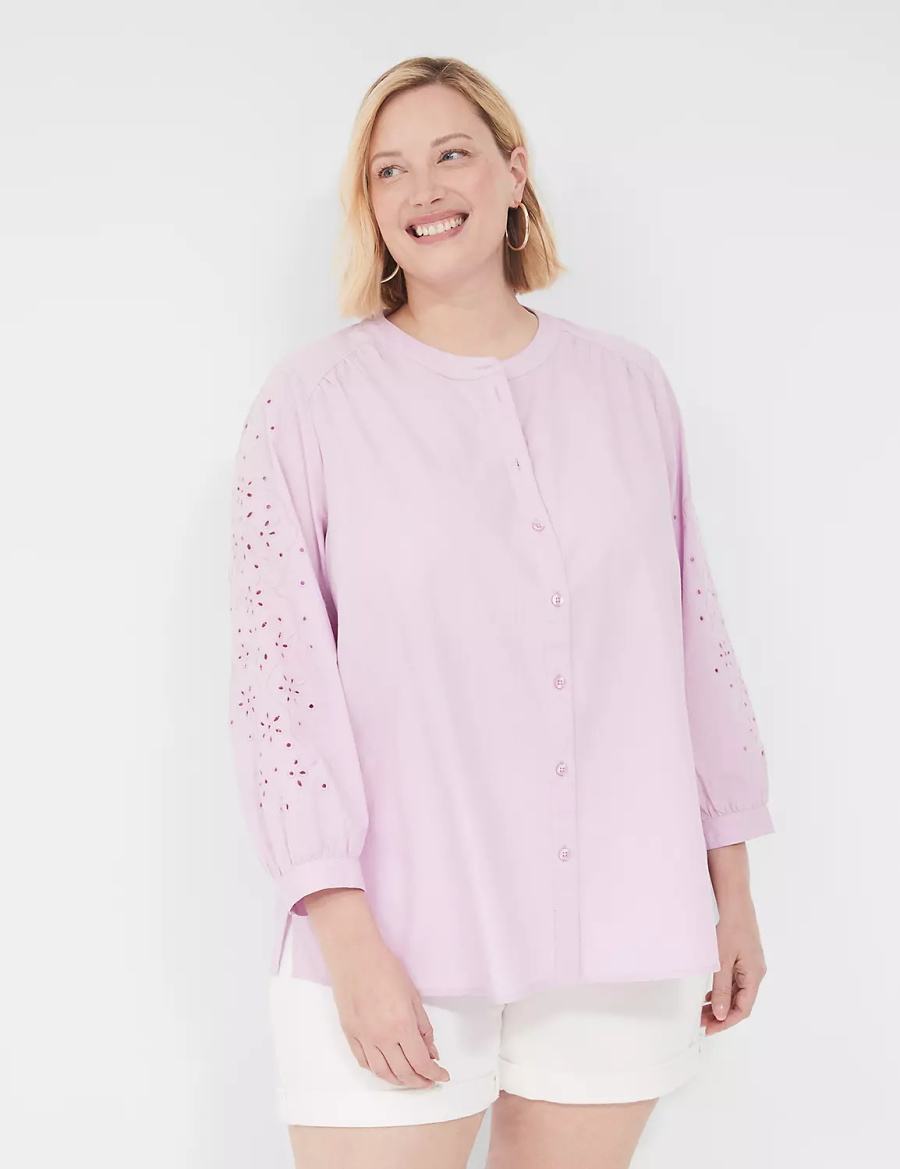 Lane Bryant Relaxed Eyelet-Sleeve Button-Front Women Blouse Purple | HSM2461KL