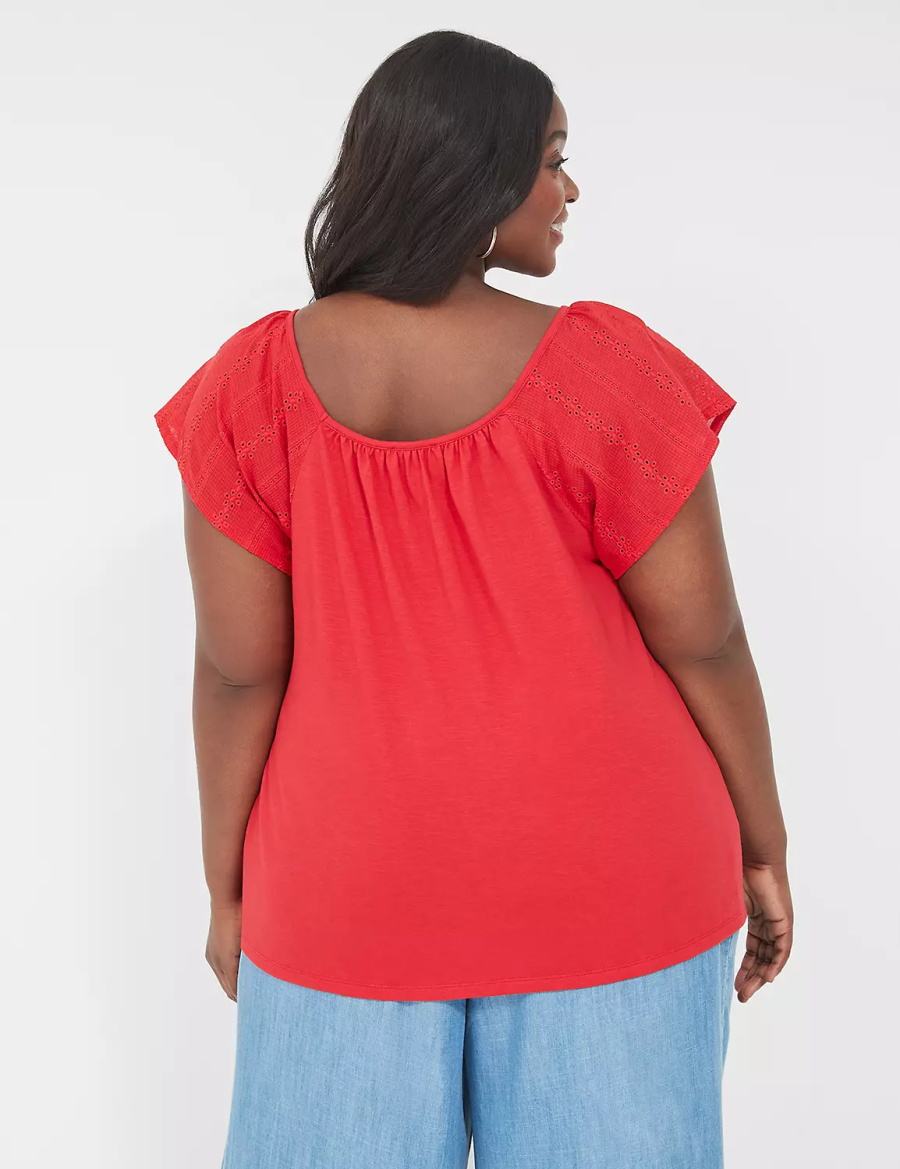 Lane Bryant Relaxed Eyelet-Sleeve Smocked-Neck Top Women T Shirts Red | XEO4872KP