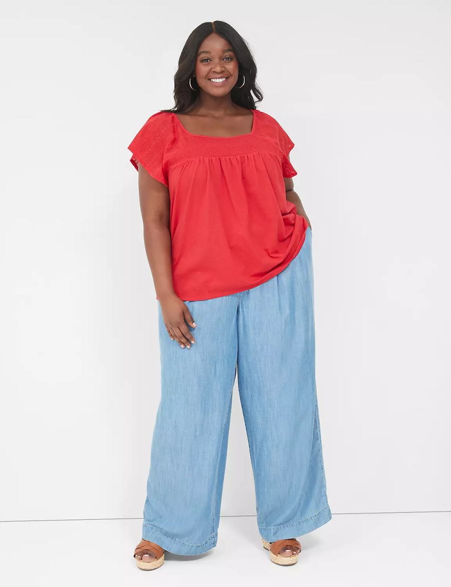 Lane Bryant Relaxed Eyelet-Sleeve Smocked-Neck Top Women T Shirts Red | XEO4872KP