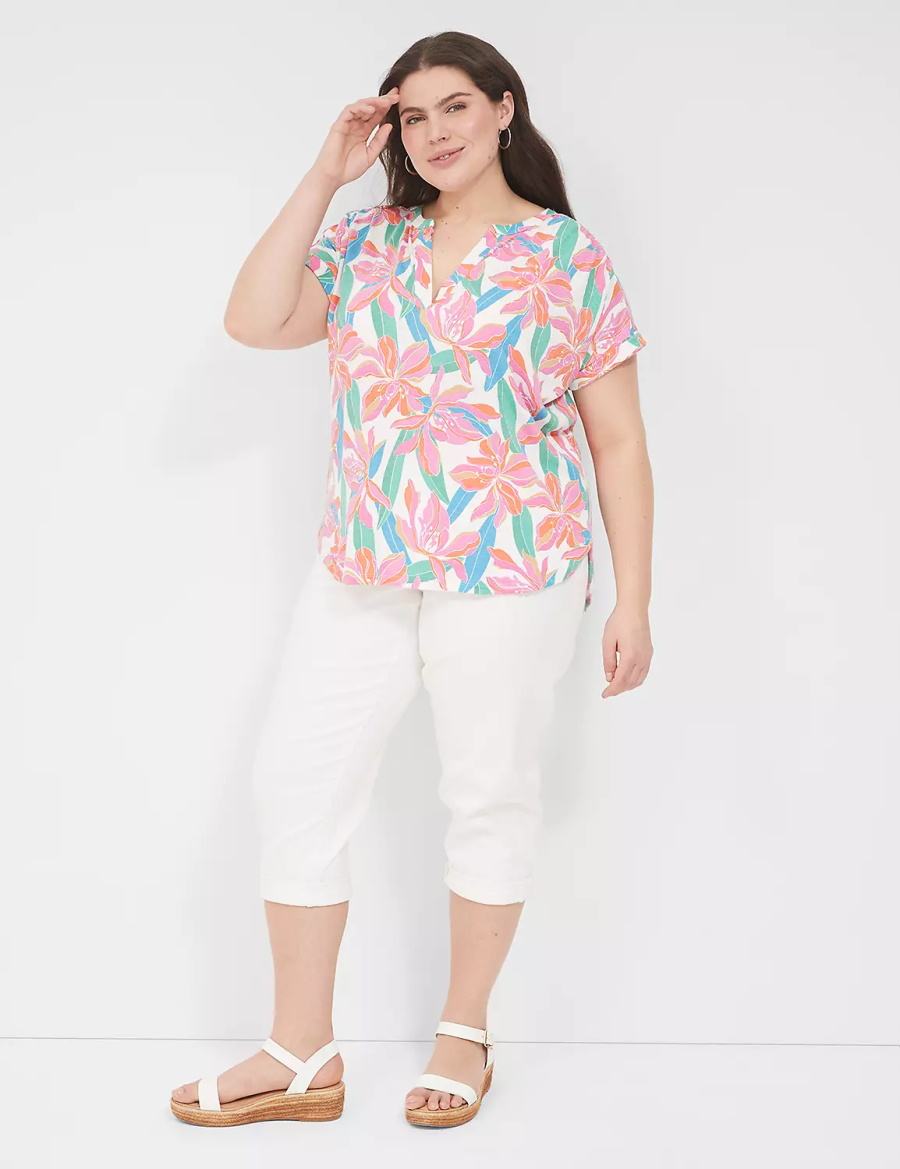 Lane Bryant Relaxed Gauze Notch-Neck Women Shirts Pink Blue | TRV7183MC