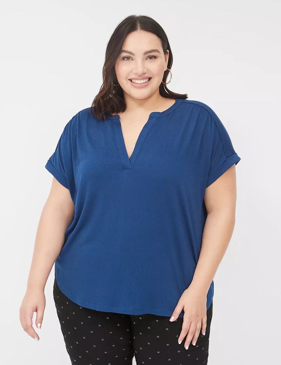 Lane Bryant Relaxed Gauze Notch-Neck Women Shirts Dark Blue | YOP2949YX