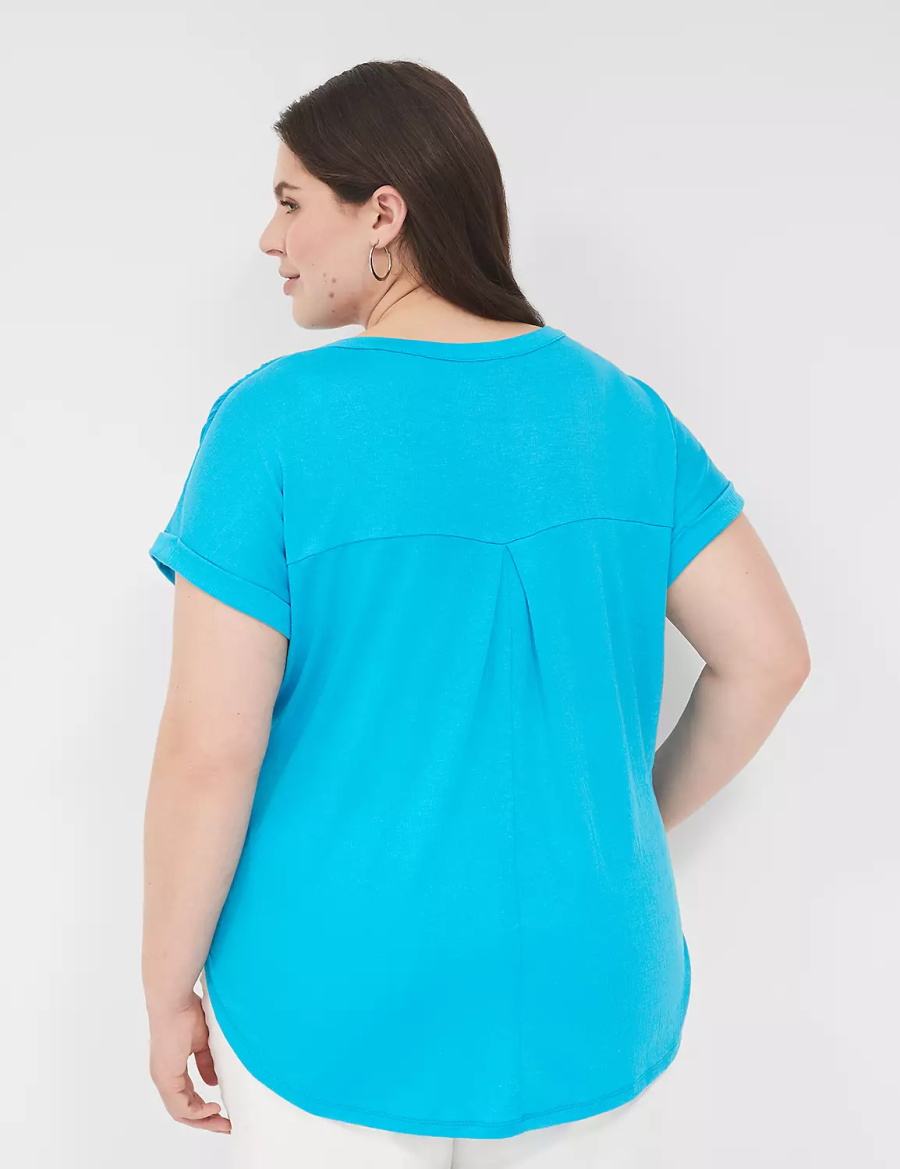 Lane Bryant Relaxed Gauze Notch-Neck Women Shirts Blue | UWO9369CJ