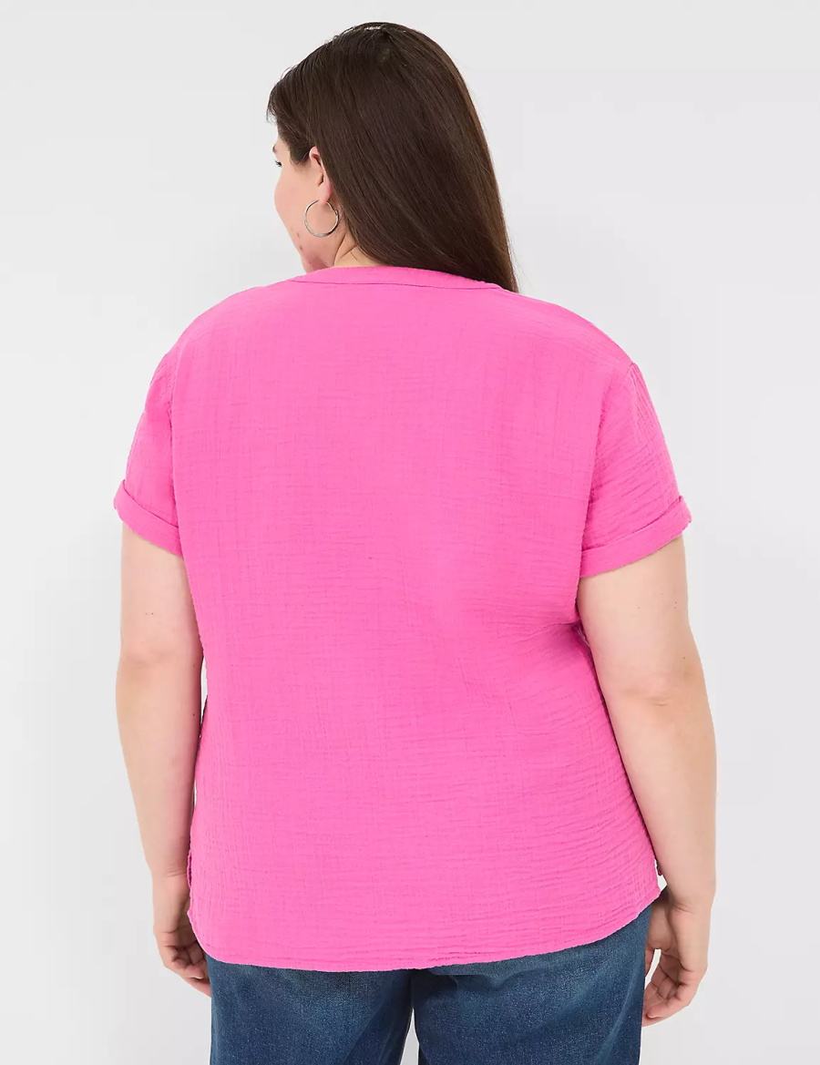 Lane Bryant Relaxed Gauze V-Neck Popover Women Shirts Fuchsia | PYP9942WF