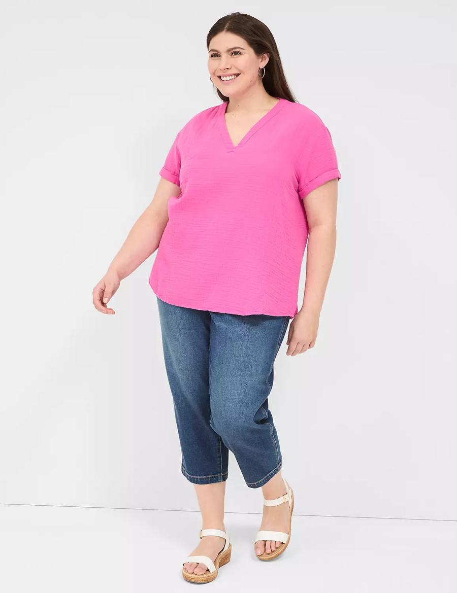 Lane Bryant Relaxed Gauze V-Neck Popover Women Shirts Fuchsia | PYP9942WF