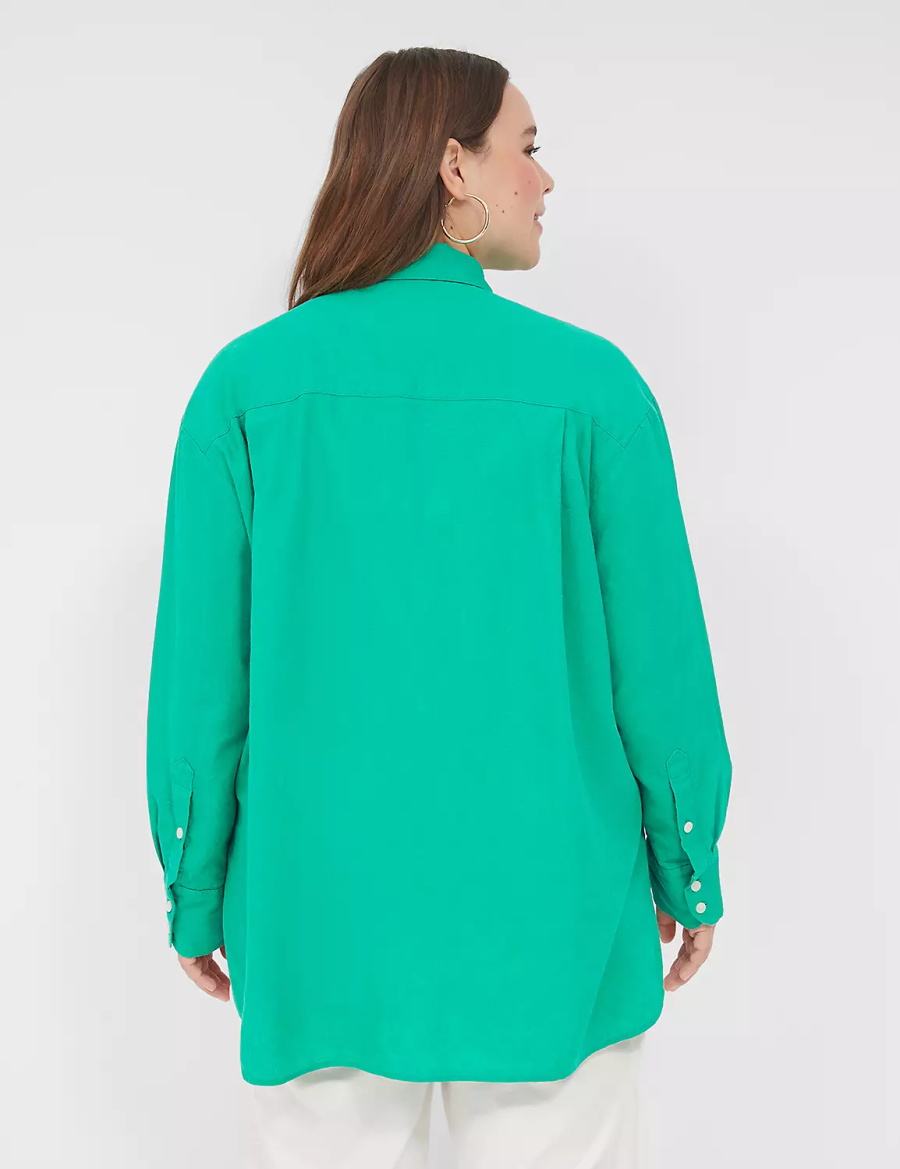 Lane Bryant Relaxed Linen Button-Down Women Shirts Turquoise | ZBU9428PX