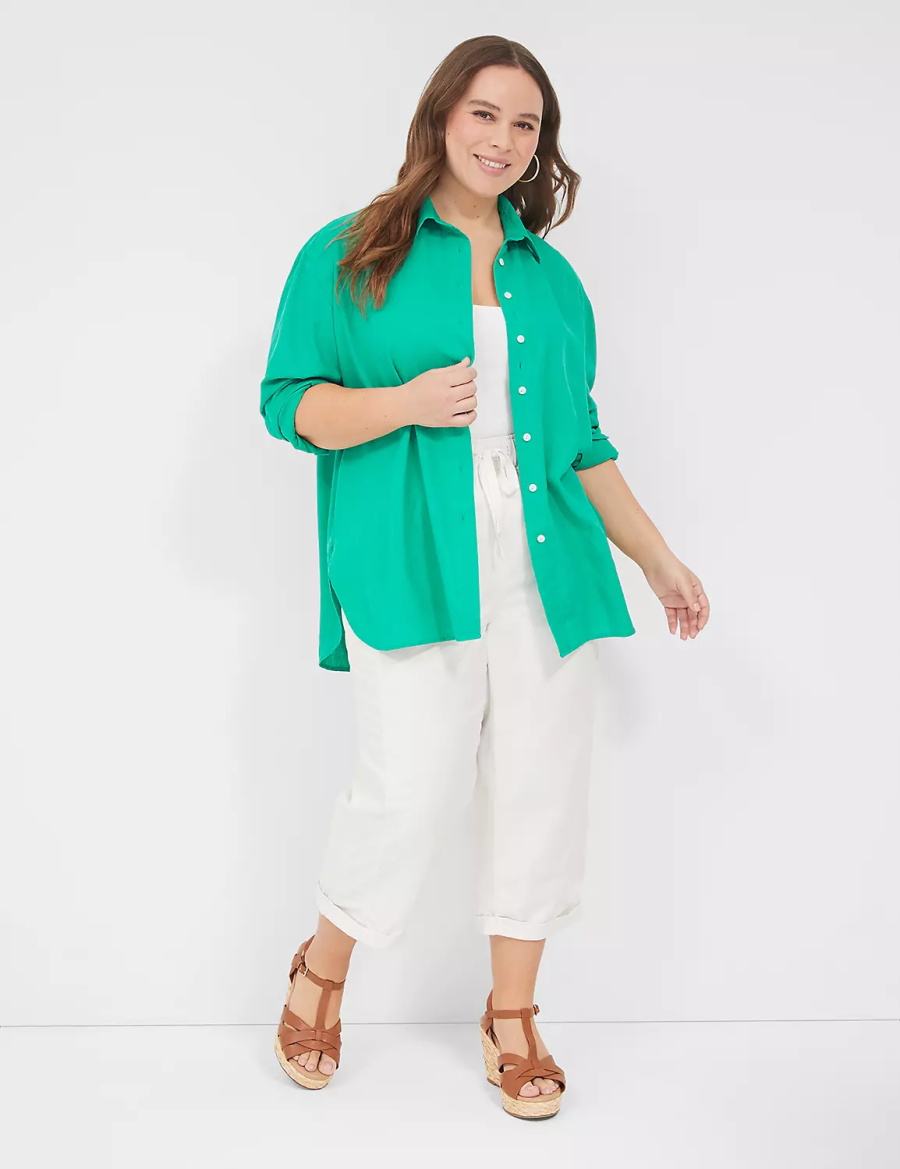 Lane Bryant Relaxed Linen Button-Down Women Shirts Turquoise | ZBU9428PX