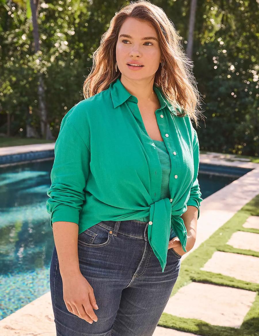 Lane Bryant Relaxed Linen Button-Down Women Shirts Turquoise | ZBU9428PX