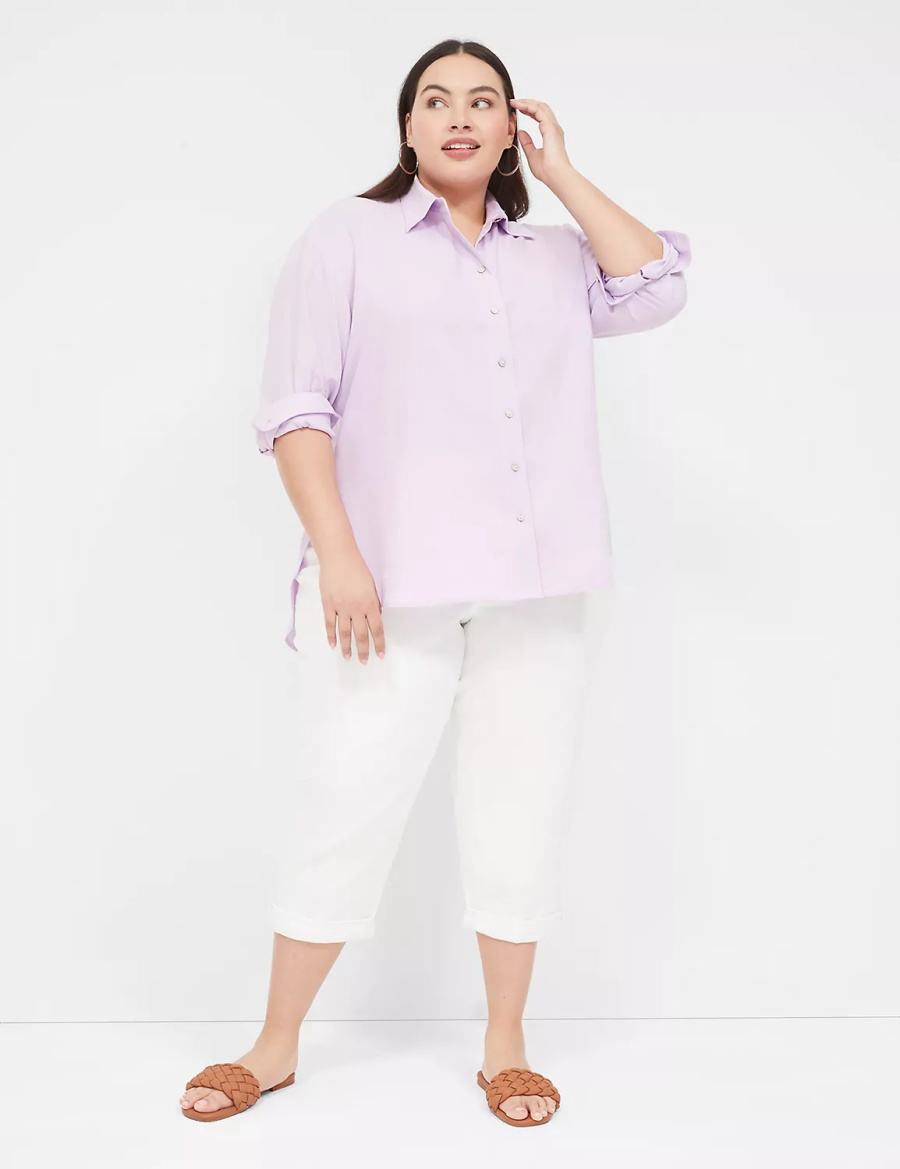 Lane Bryant Relaxed Linen Button-Down Women Shirts Purple | FPV8121SV