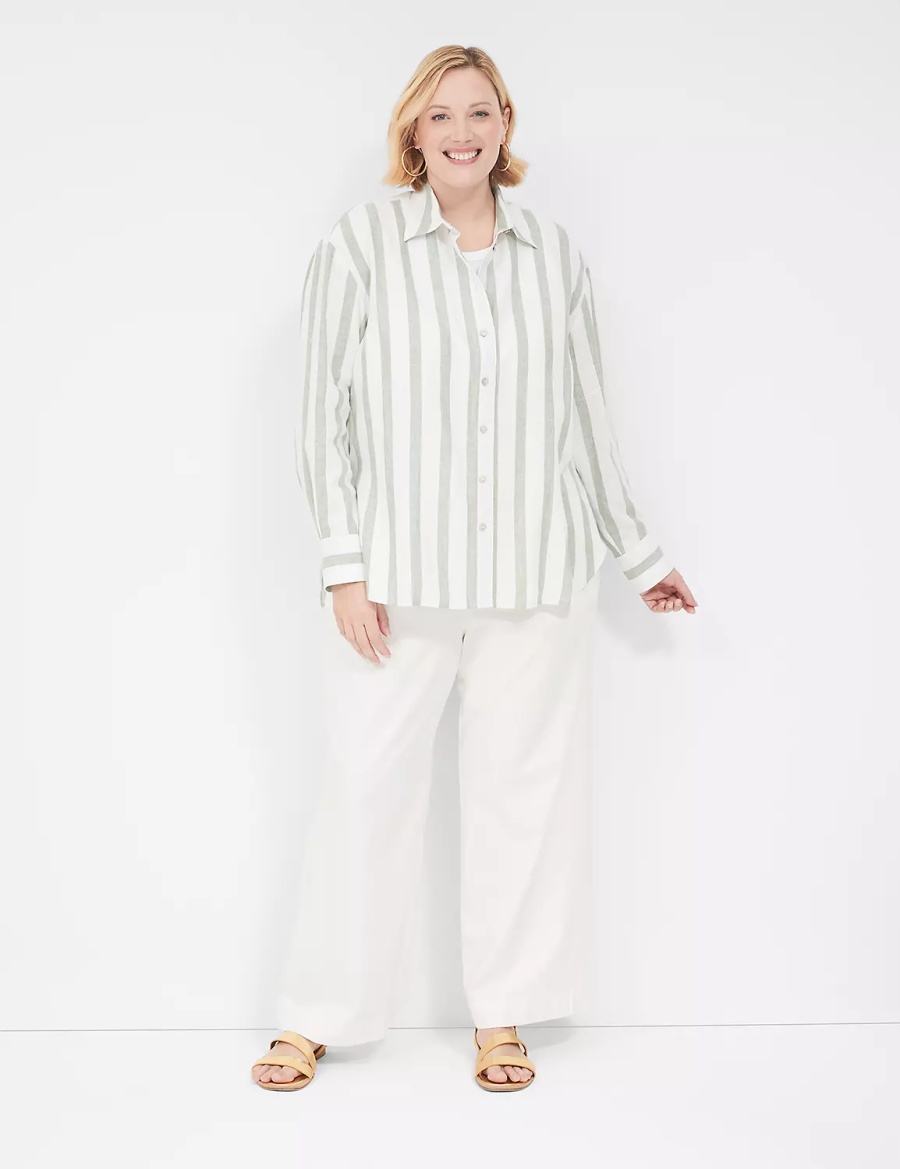 Lane Bryant Relaxed Linen Button-Down Women Shirts Olive Stripes | KOB311SB