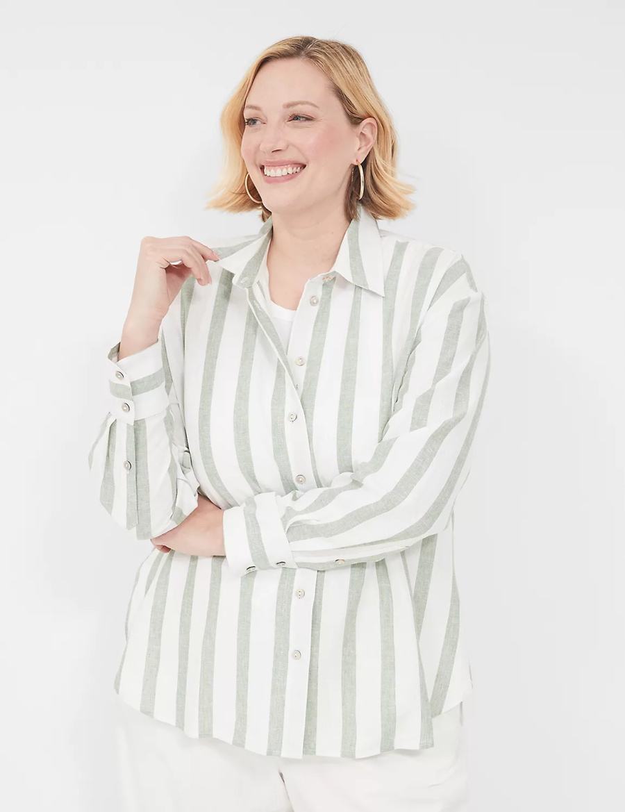 Lane Bryant Relaxed Linen Button-Down Women Shirts Olive Stripes | KOB311SB