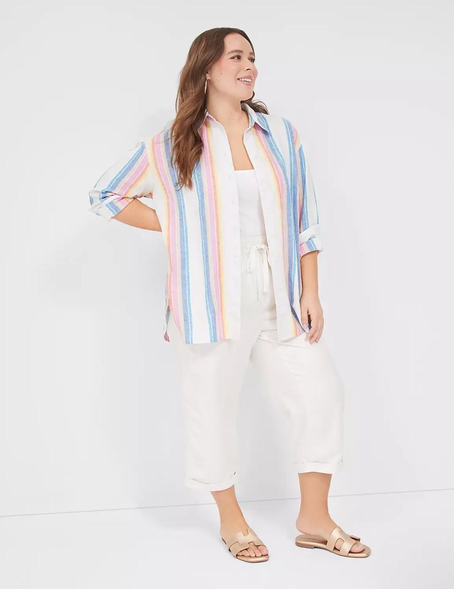 Lane Bryant Relaxed Linen Button-Down Women Shirts White Multicolor Stripes | CRD5815CR