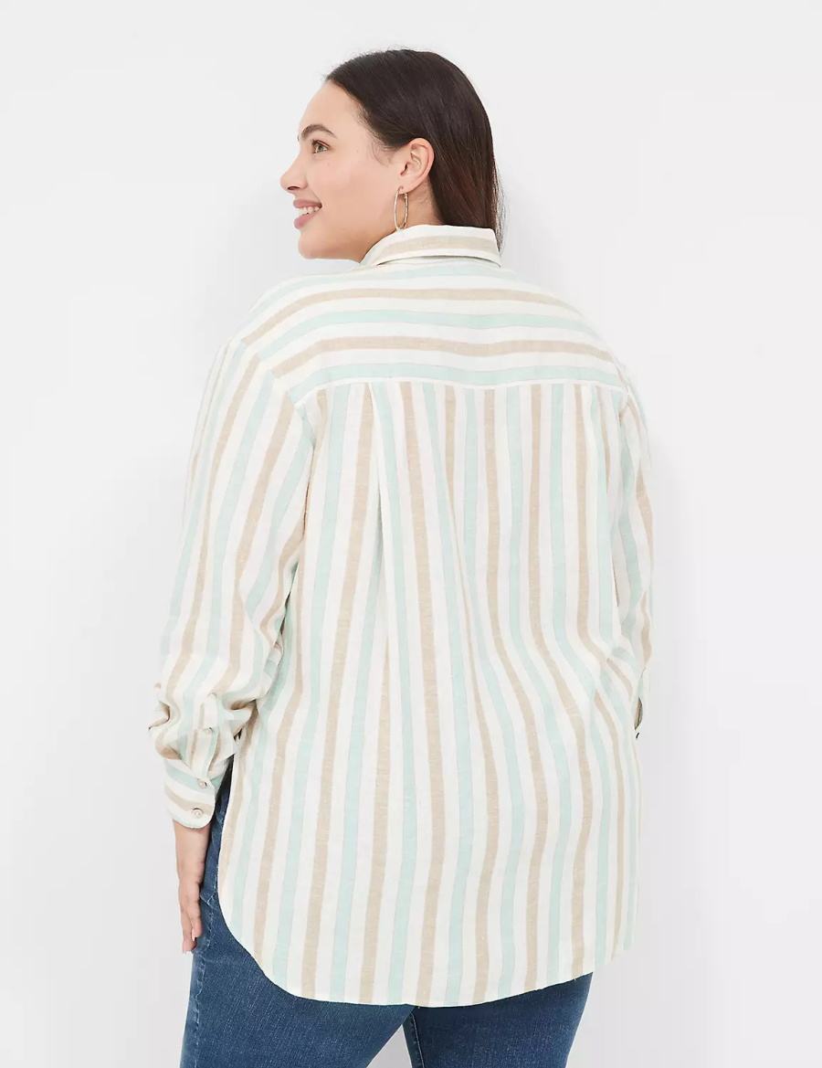 Lane Bryant Relaxed Linen Button-Down Women Shirts White Multicolor Stripes | CXP9347OB