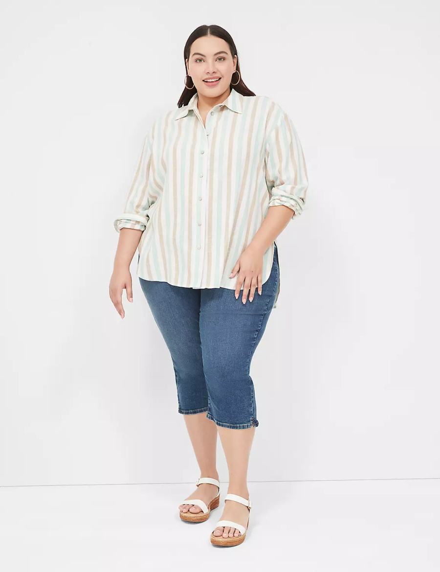 Lane Bryant Relaxed Linen Button-Down Women Shirts White Multicolor Stripes | CXP9347OB