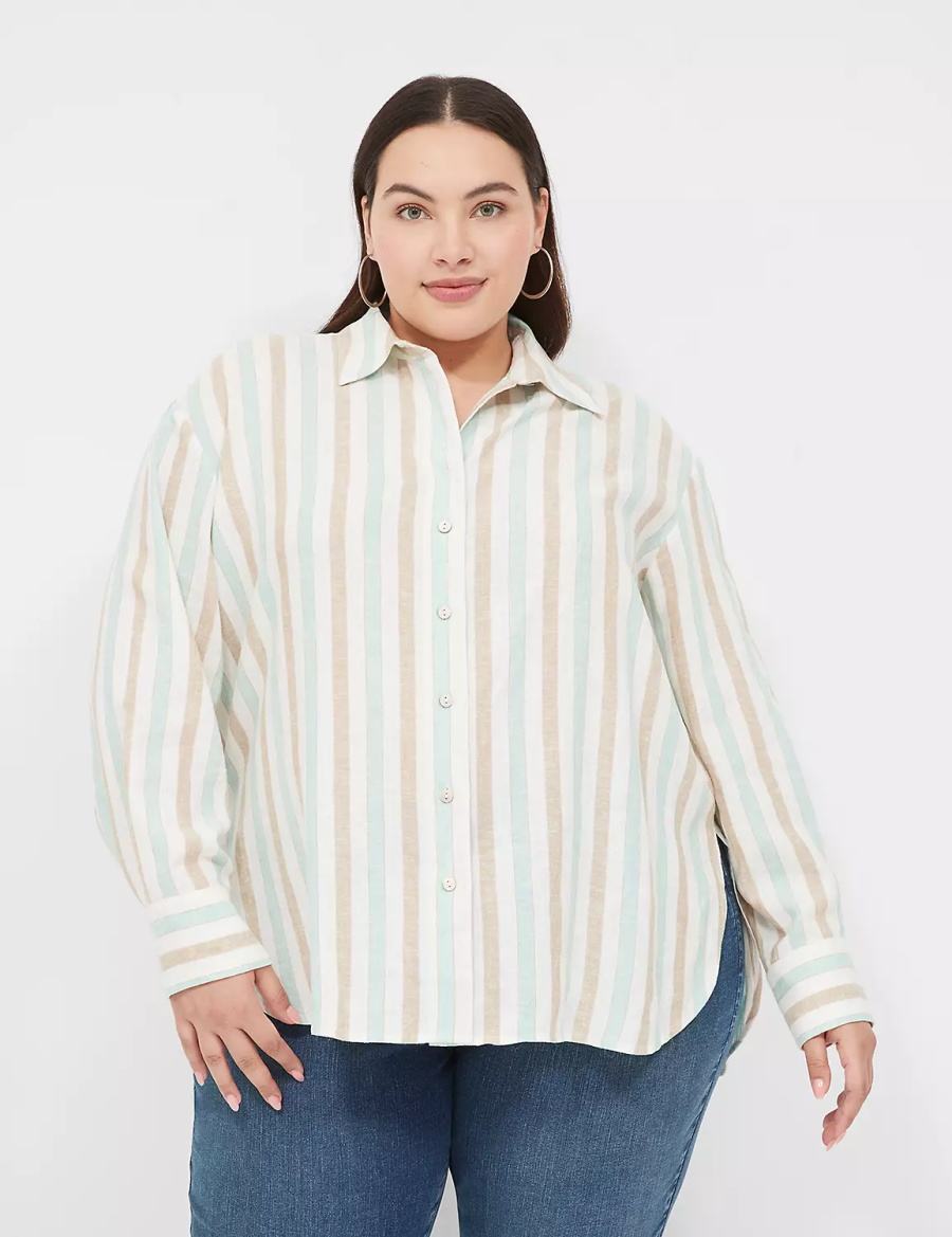 Lane Bryant Relaxed Linen Button-Down Women Shirts White Multicolor Stripes | CXP9347OB