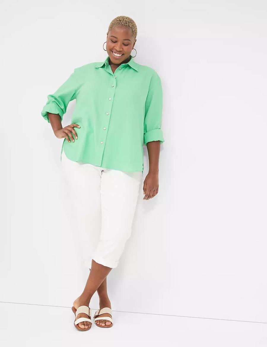 Lane Bryant Relaxed Linen Button-Down Women Shirts Light Green | EIA90100RJ