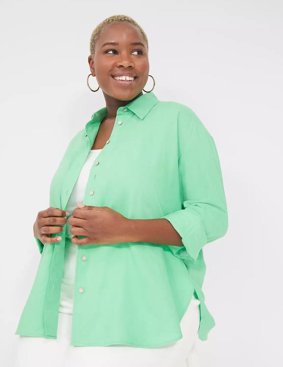 Lane Bryant Relaxed Linen Button-Down Women Shirts Light Green | EIA90100RJ