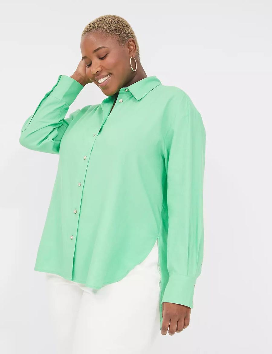 Lane Bryant Relaxed Linen Button-Down Women Shirts Light Green | EIA90100RJ