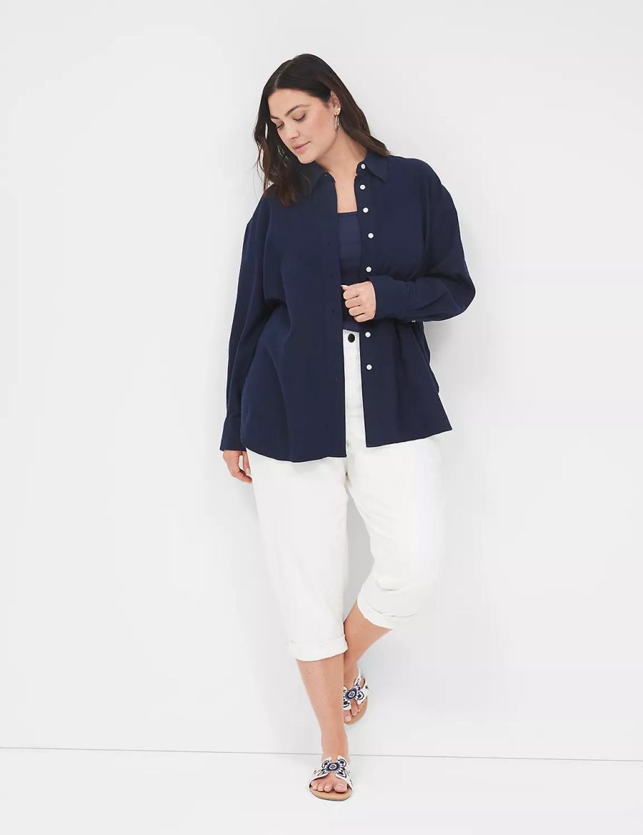 Lane Bryant Relaxed Linen Button-Down Women Shirts Blue | OYB740ZS