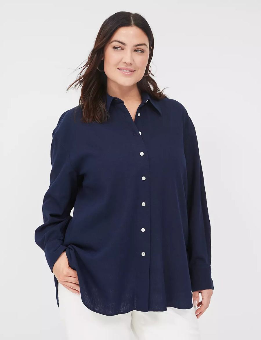 Lane Bryant Relaxed Linen Button-Down Women Shirts Blue | OYB740ZS