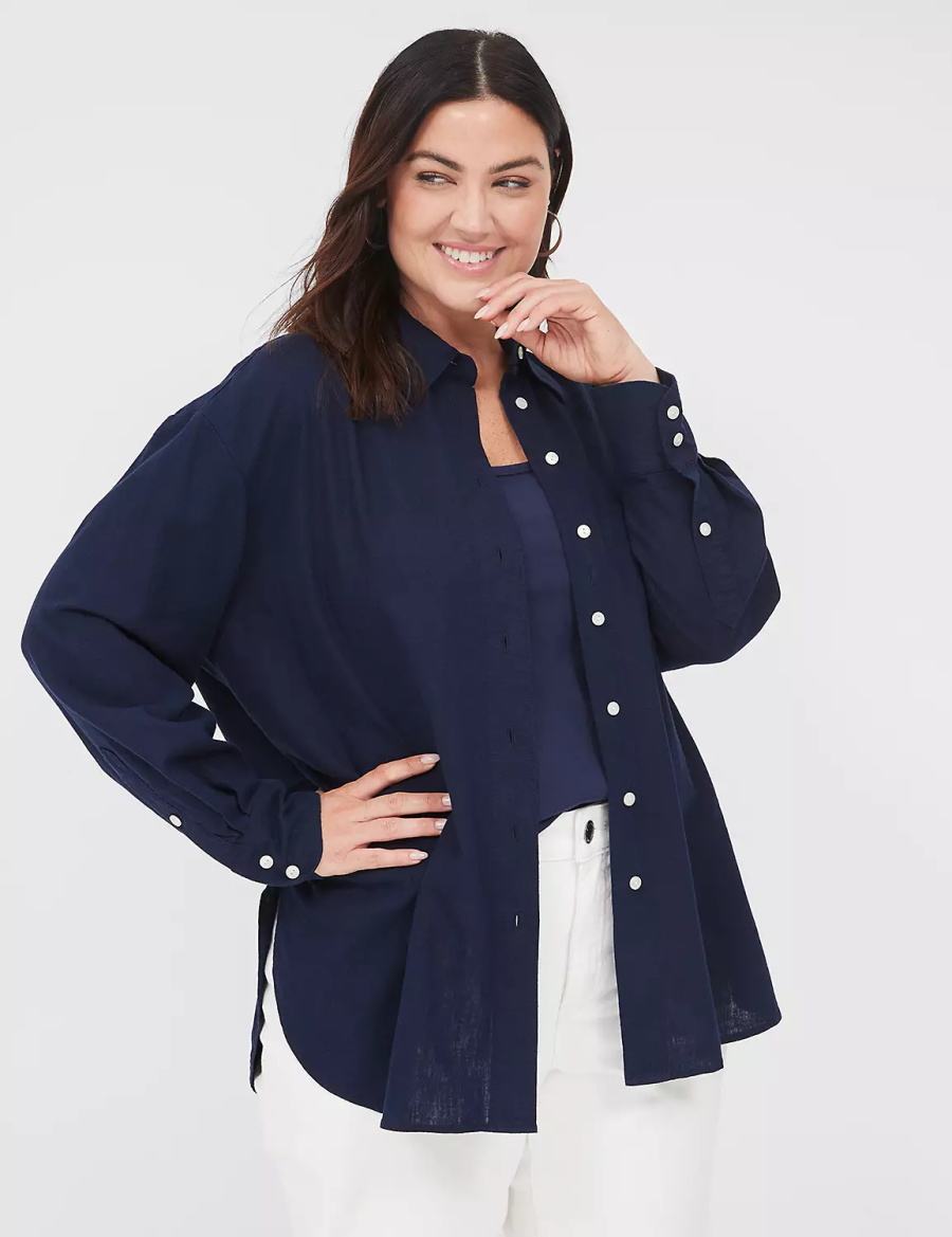 Lane Bryant Relaxed Linen Button-Down Women Shirts Blue | OYB740ZS