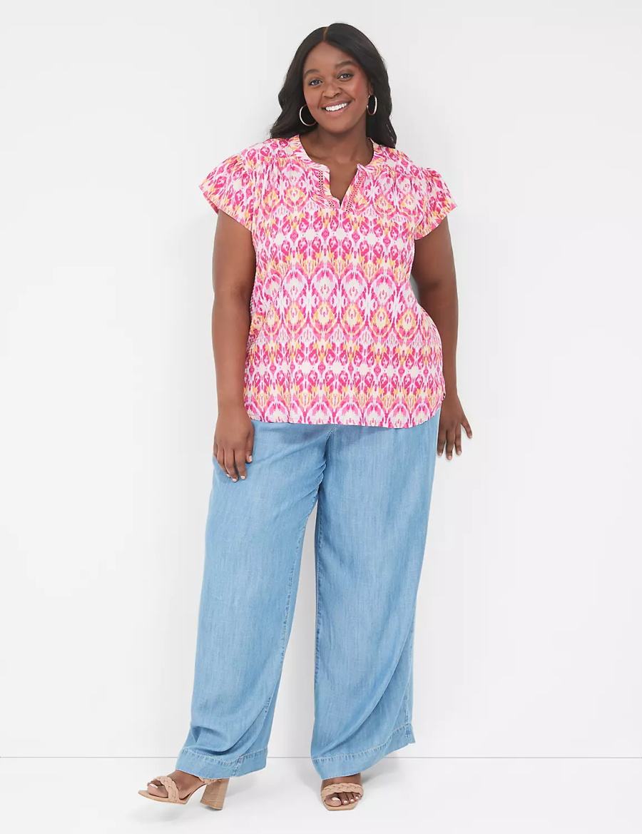 Lane Bryant Relaxed Notch-Neck Woven & Knit Top Women T Shirts Pink | EWQ6491AX