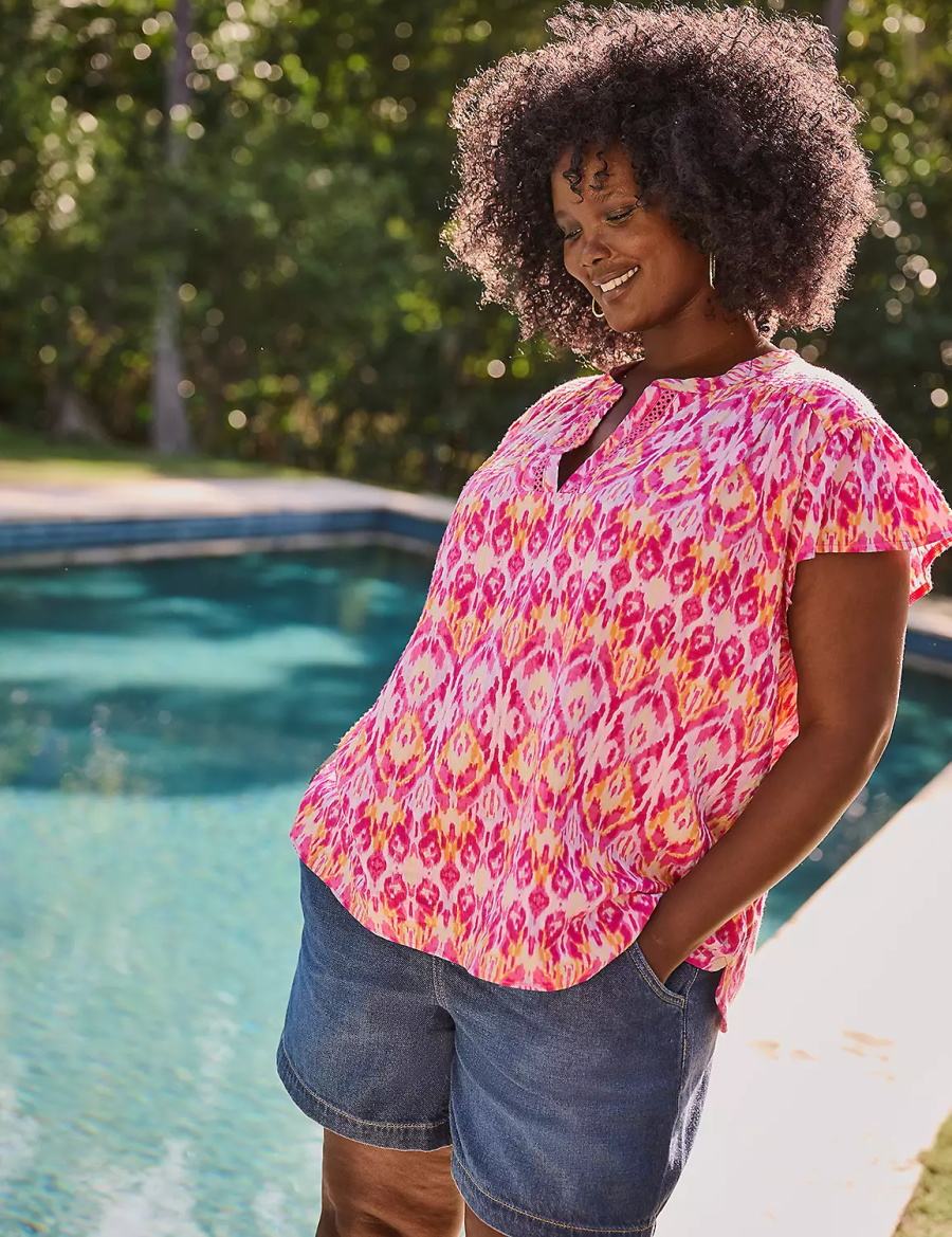 Lane Bryant Relaxed Notch-Neck Woven & Knit Top Women T Shirts Pink | EWQ6491AX