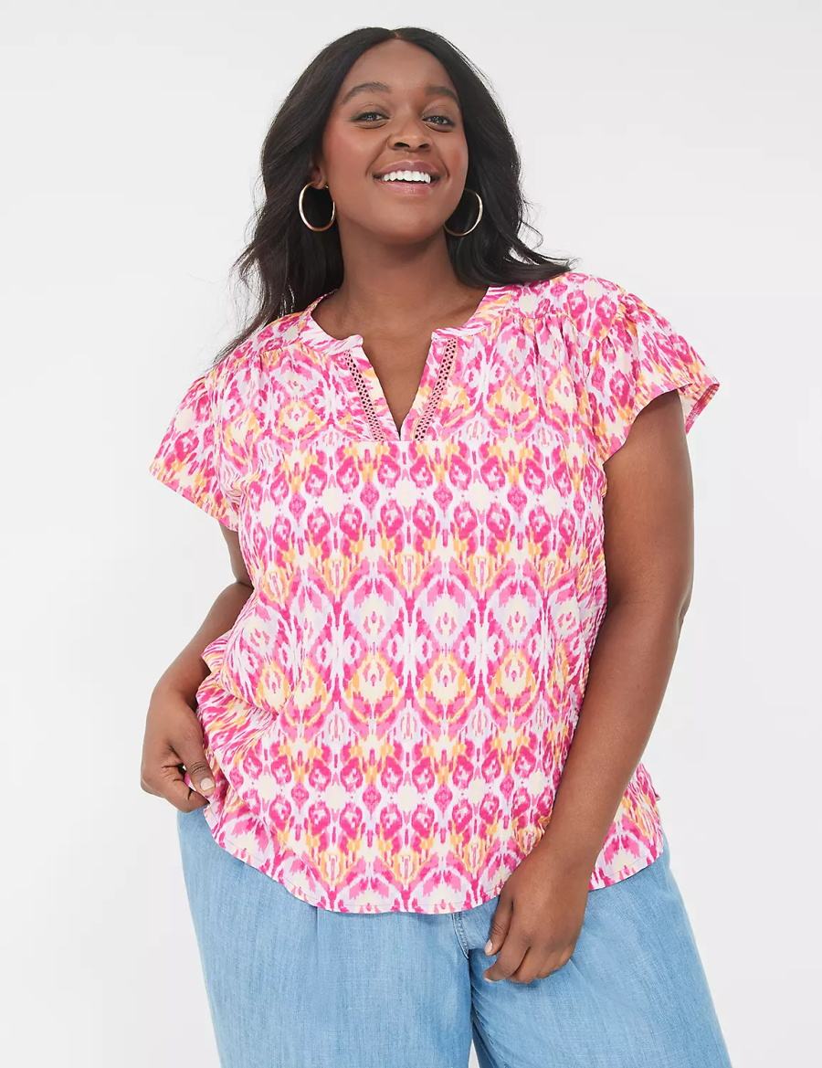 Lane Bryant Relaxed Notch-Neck Woven & Knit Top Women T Shirts Pink | EWQ6491AX