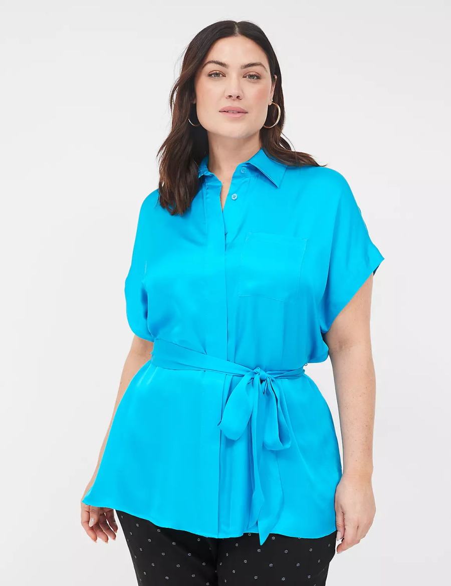 Lane Bryant Relaxed Satin Dolman-Sleeve Button-Front Tunic Women Shirts Blue | TDN922RM