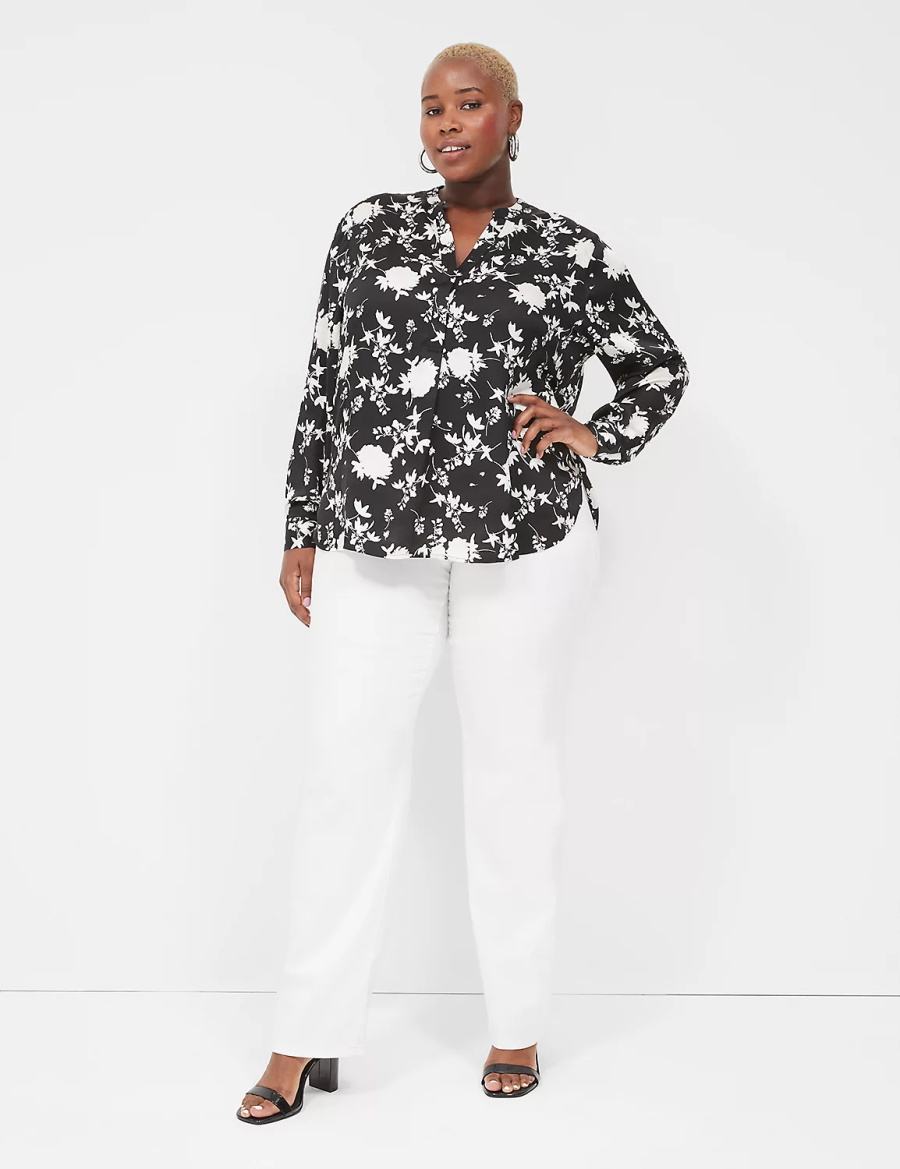 Lane Bryant Relaxed Satin Split-Neck Popover Women Shirts Black | OBO651VC