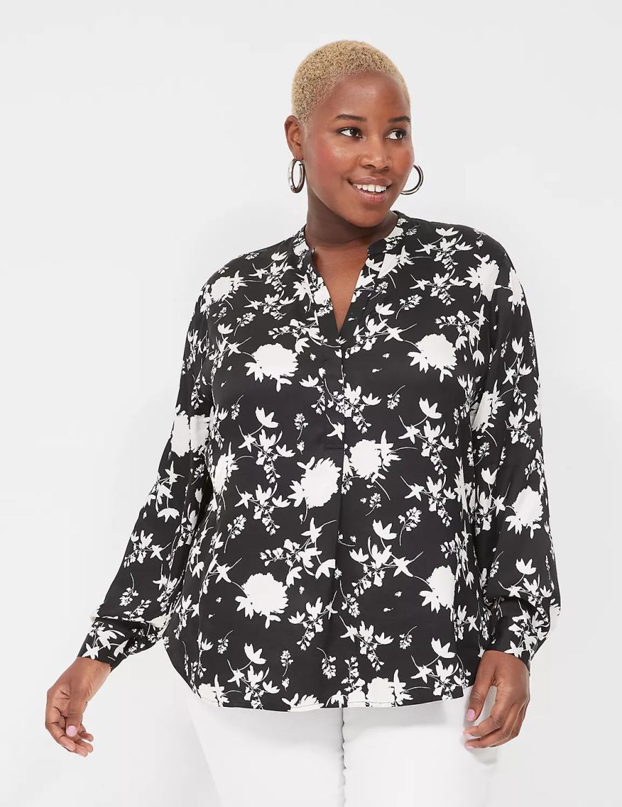 Lane Bryant Relaxed Satin Split-Neck Popover Women Shirts Black | OBO651VC