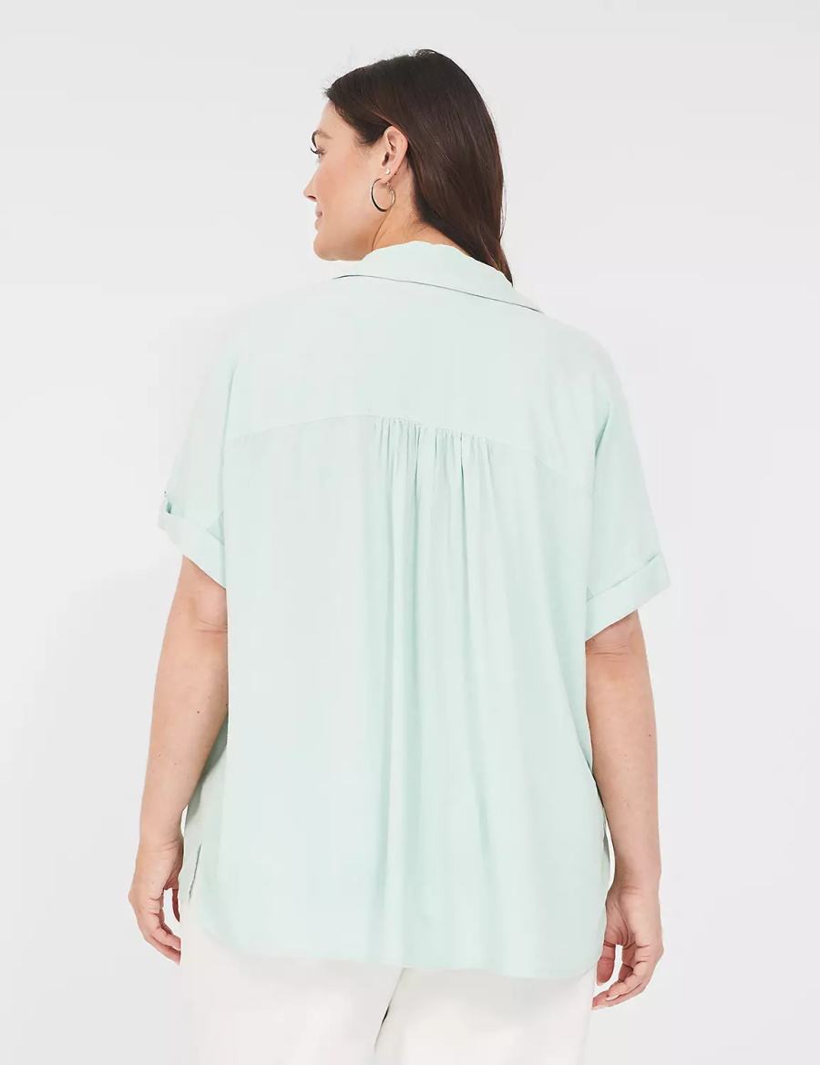 Lane Bryant Relaxed Short-Sleeve Button-Front Women Shirts Blue | VJX4234TG