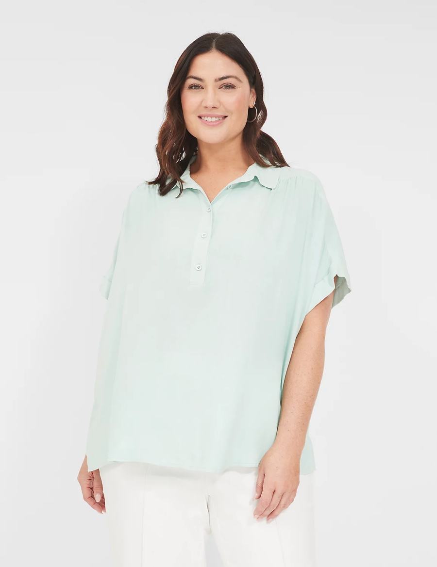 Lane Bryant Relaxed Short-Sleeve Button-Front Women Shirts Blue | VJX4234TG