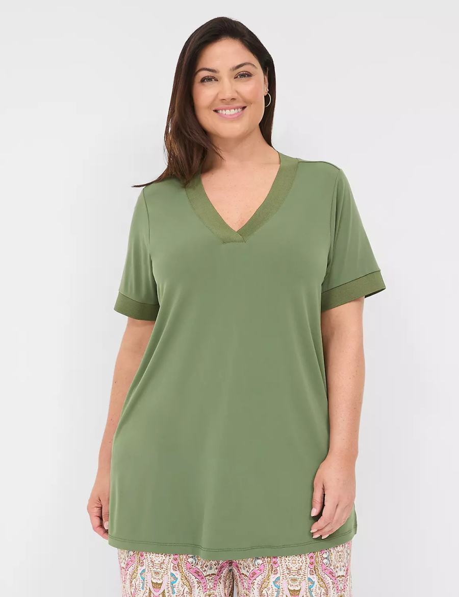 Lane Bryant Relaxed Short-Sleeve V-Neck Top Women T Shirts Brown Green | PYZ825QJ