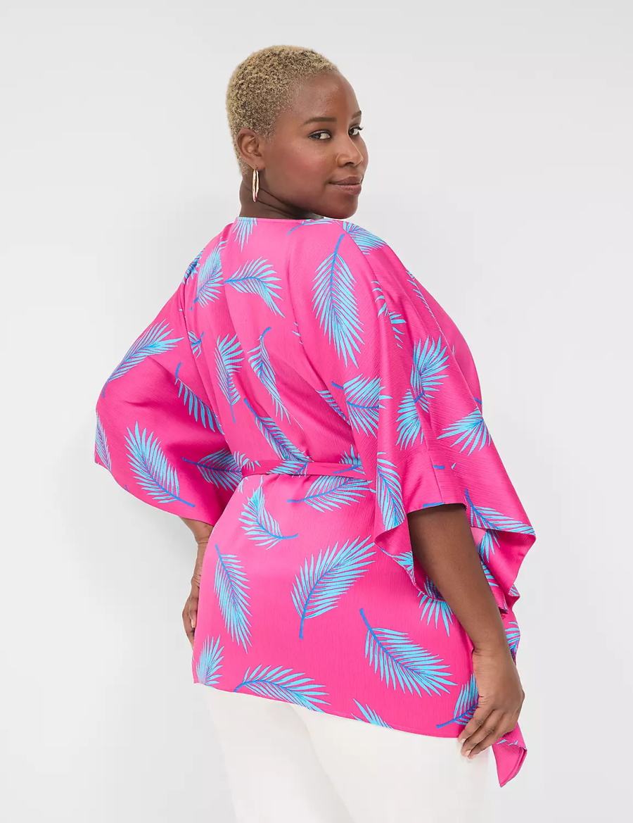 Lane Bryant Relaxed Split-Neck Kimono Top Women Blouse Pink Blue | EUP817DS