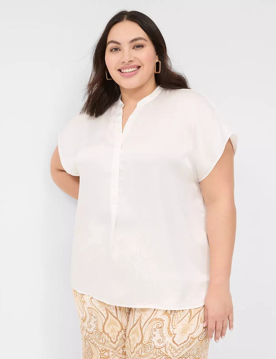 Lane Bryant Relaxed Split-Neck Popover Women Blouse White Rose | NOA2113PO