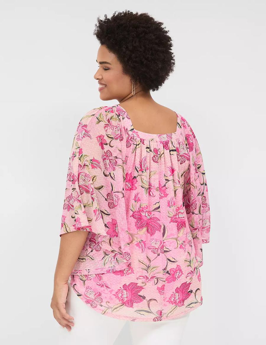 Lane Bryant Relaxed Square-Neck Trimmed Circle Drama Top Women Blouse Pink | SXC3897VX