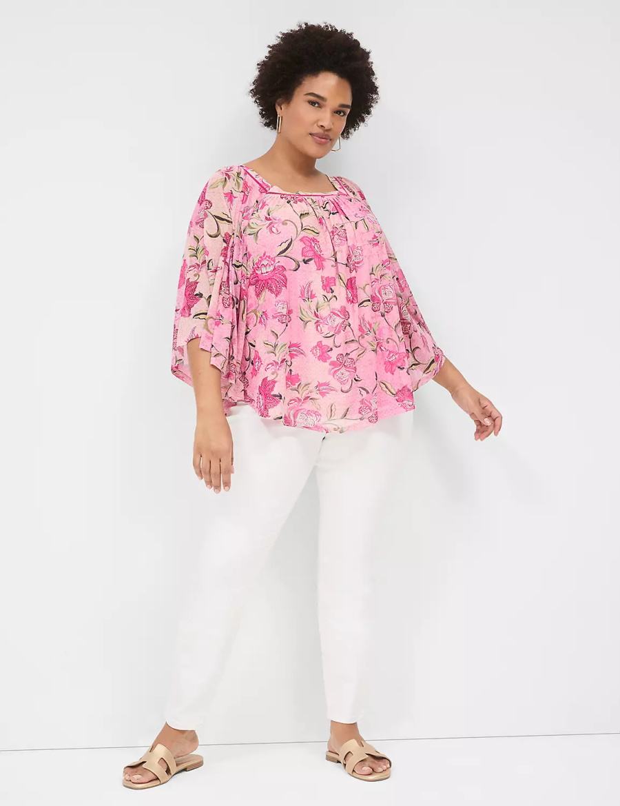 Lane Bryant Relaxed Square-Neck Trimmed Circle Drama Top Women Blouse Pink | SXC3897VX