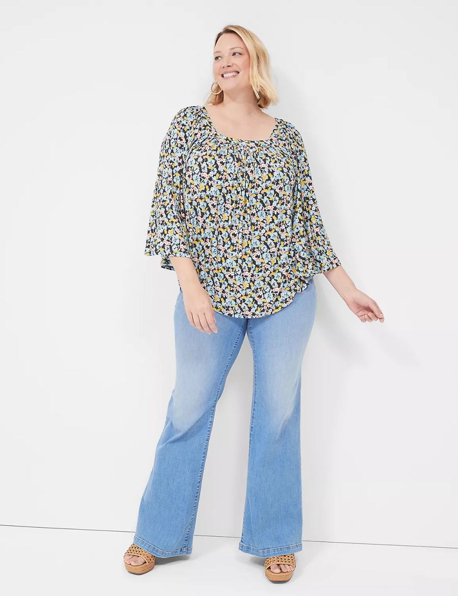 Lane Bryant Relaxed Square-Neck Trimmed Circle Drama Top Women Blouse Blue Coral | HXV3393EI