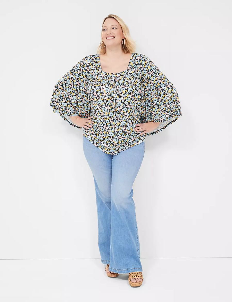 Lane Bryant Relaxed Square-Neck Trimmed Circle Drama Top Women Blouse Blue Coral | HXV3393EI