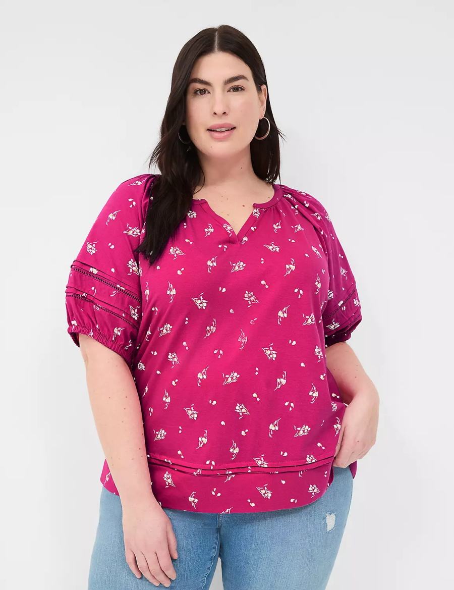 Lane Bryant Relaxed V-Neck Knit & Woven Top Women T Shirts Pink | NWZ4666LZ