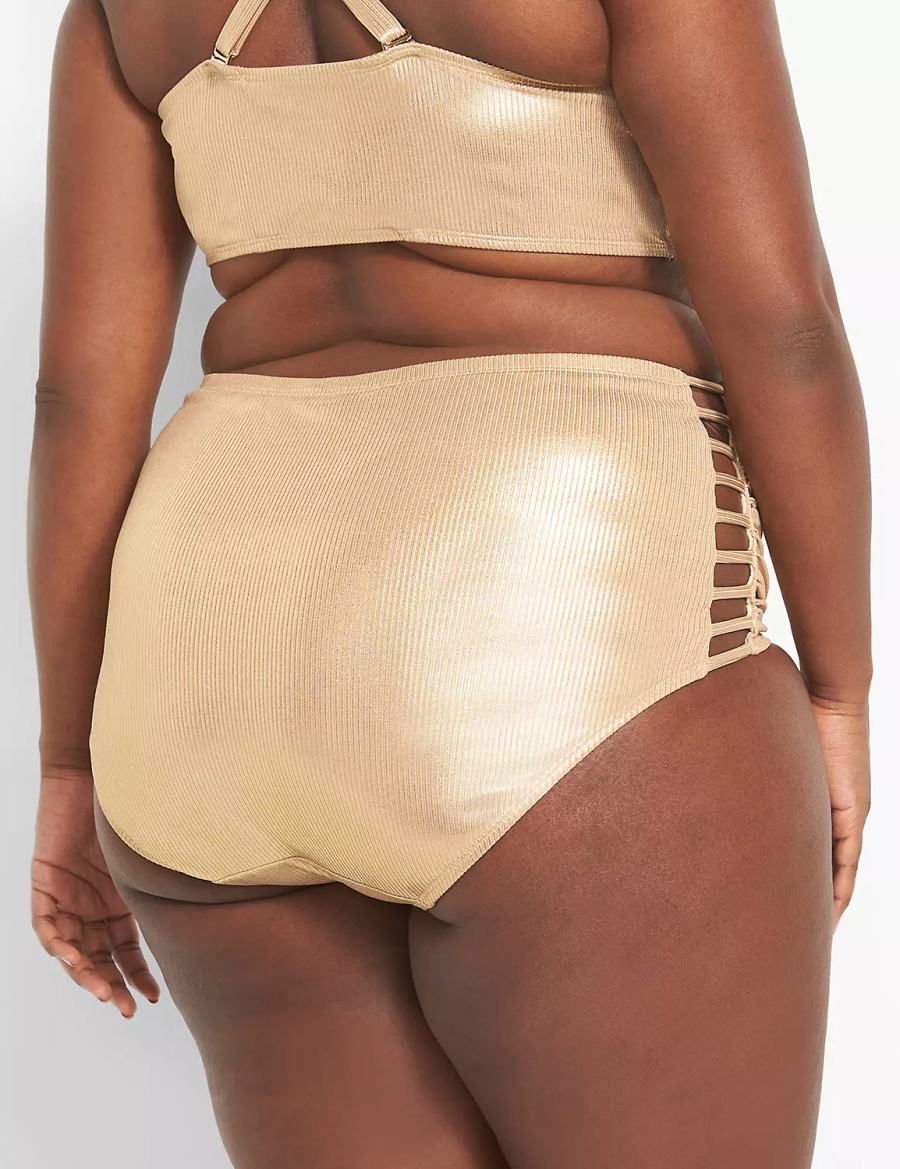 Lane Bryant Ribbed Ruched Strappy-Side Swim Women Briefs Beige | OVD522WD