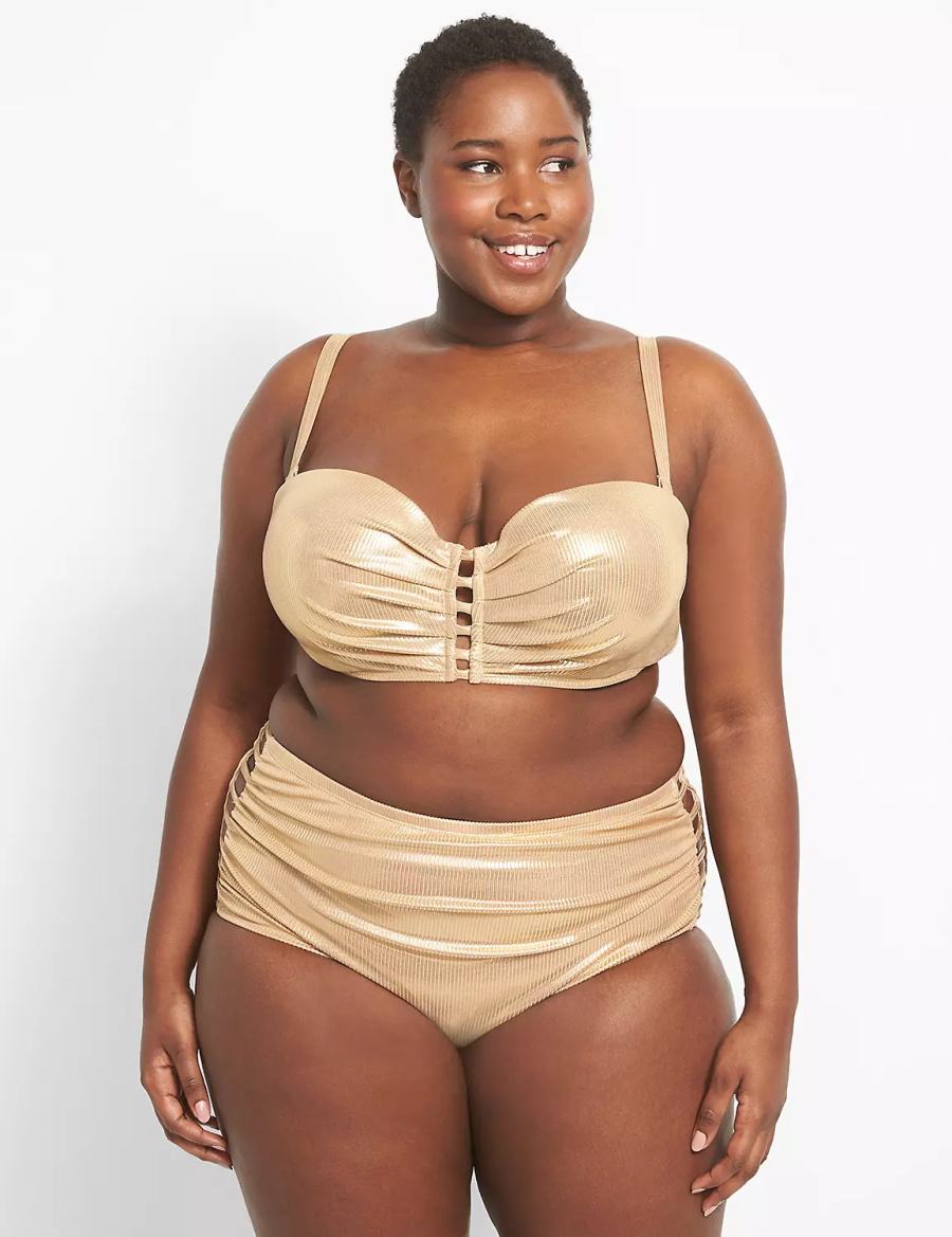 Lane Bryant Ribbed Ruched Strappy-Side Swim Women Briefs Beige | OVD522WD