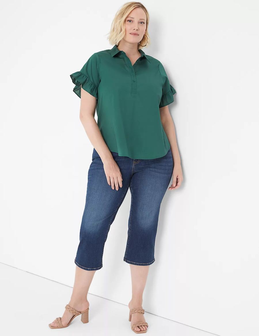 Lane Bryant Ruffle-Sleeve Button-Down Top Women T Shirts Green | NSZ1006PE