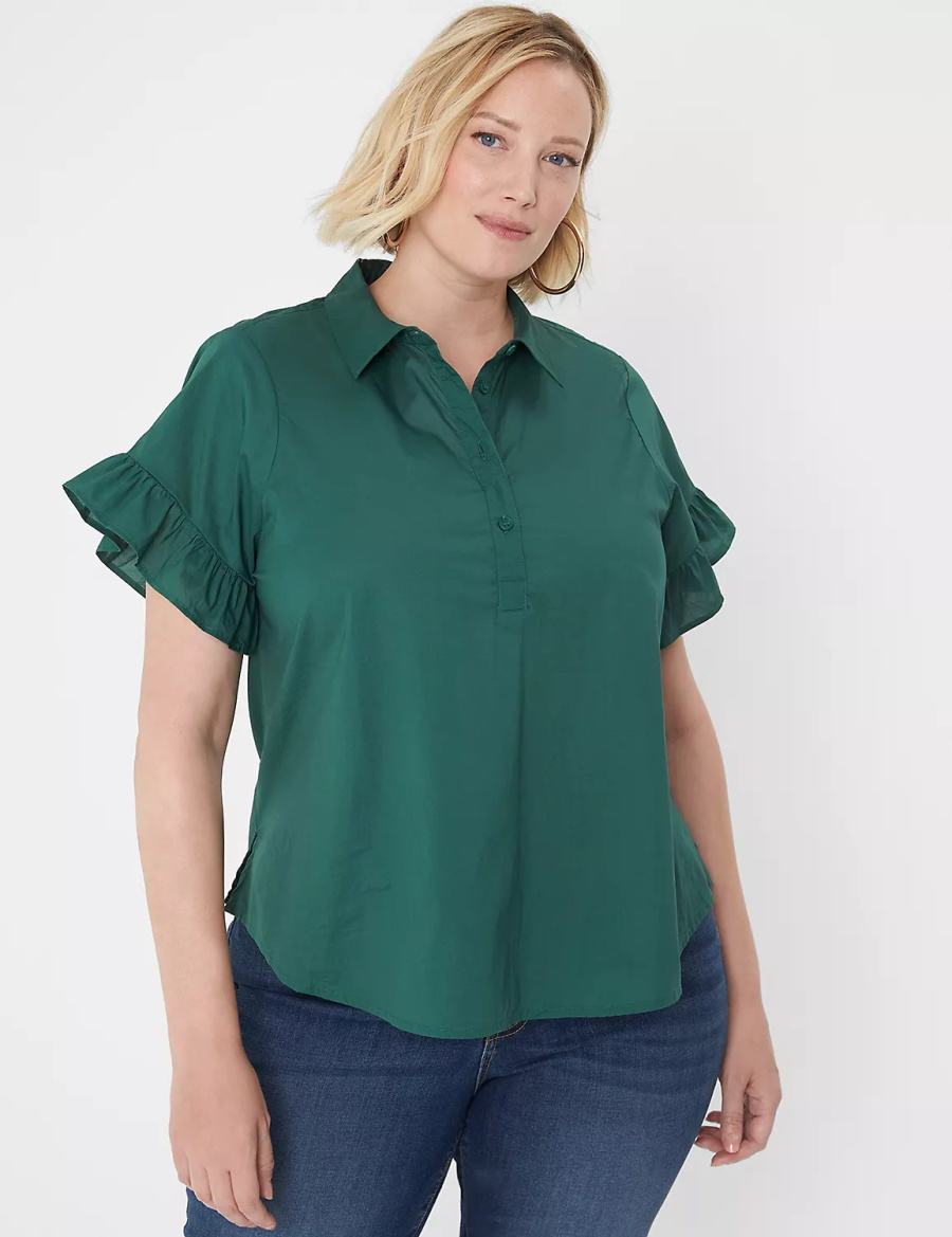 Lane Bryant Ruffle-Sleeve Button-Down Top Women T Shirts Green | NSZ1006PE