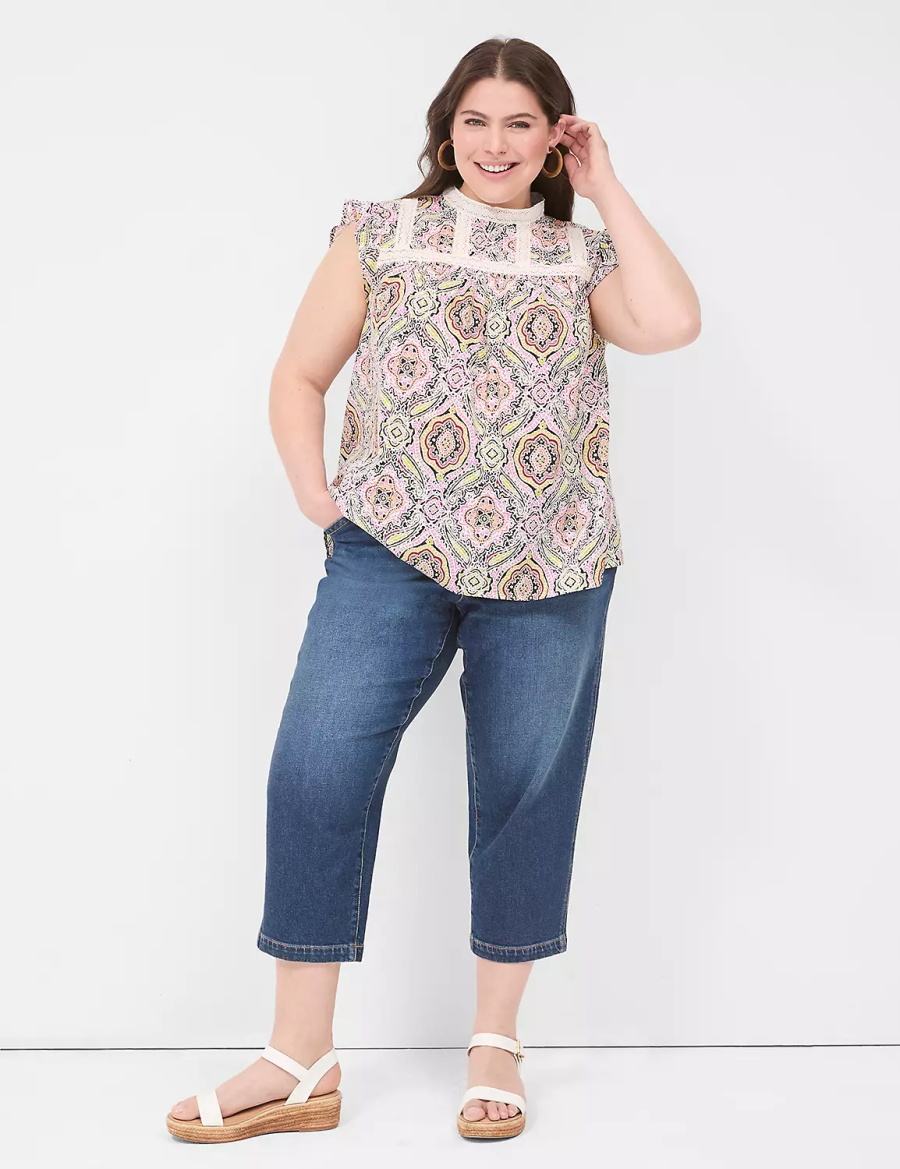 Lane Bryant Ruffle Cap-Sleeve Lace-Trim Top Women T Shirts Multicolor | CQD7438EA