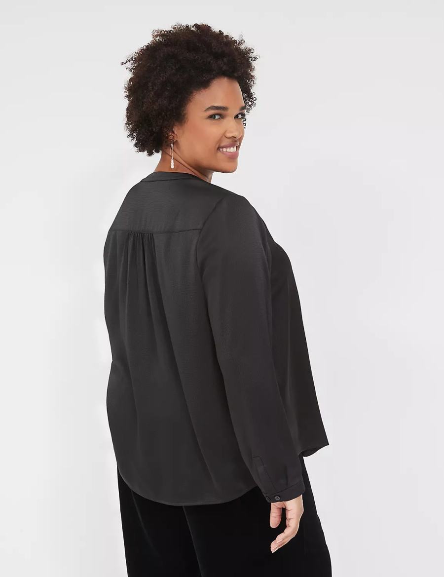 Lane Bryant Satin Banded-Neck Ruched-Shoulder Women Shirts Black | EYK4123JW