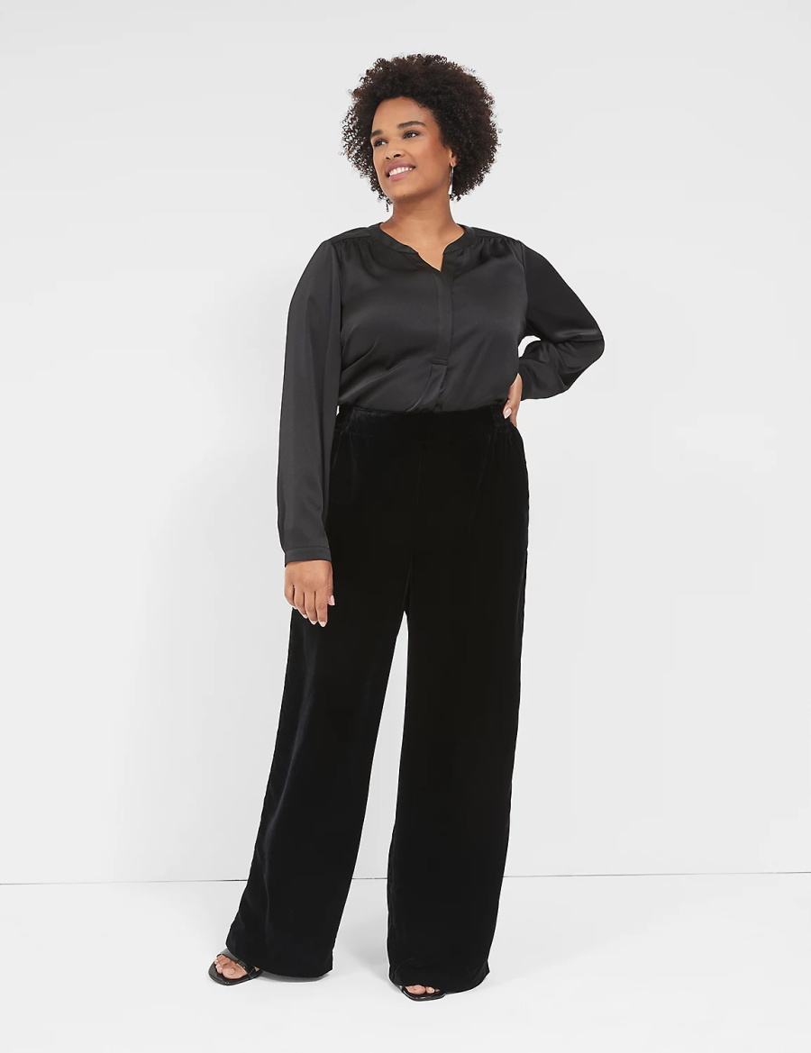 Lane Bryant Satin Banded-Neck Ruched-Shoulder Women Shirts Black | EYK4123JW