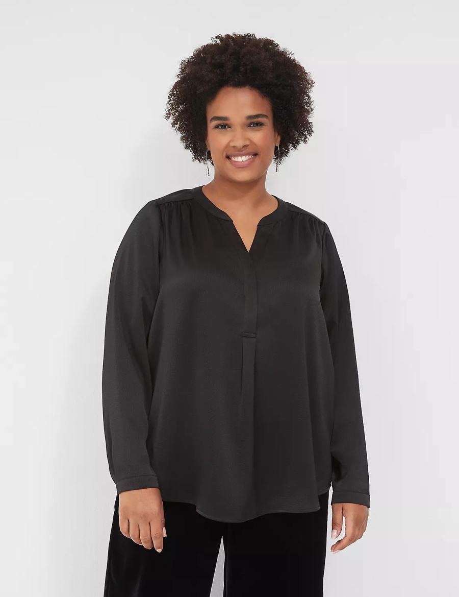 Lane Bryant Satin Banded-Neck Ruched-Shoulder Women Shirts Black | EYK4123JW